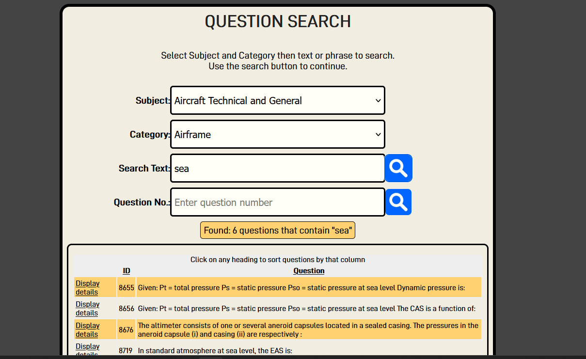Search and display questions by topic word or phrase.